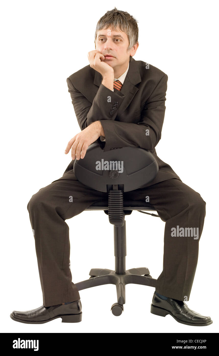 Nachdenklich Geschäftsmann isoliert auf weißem Hintergrund Stockfoto