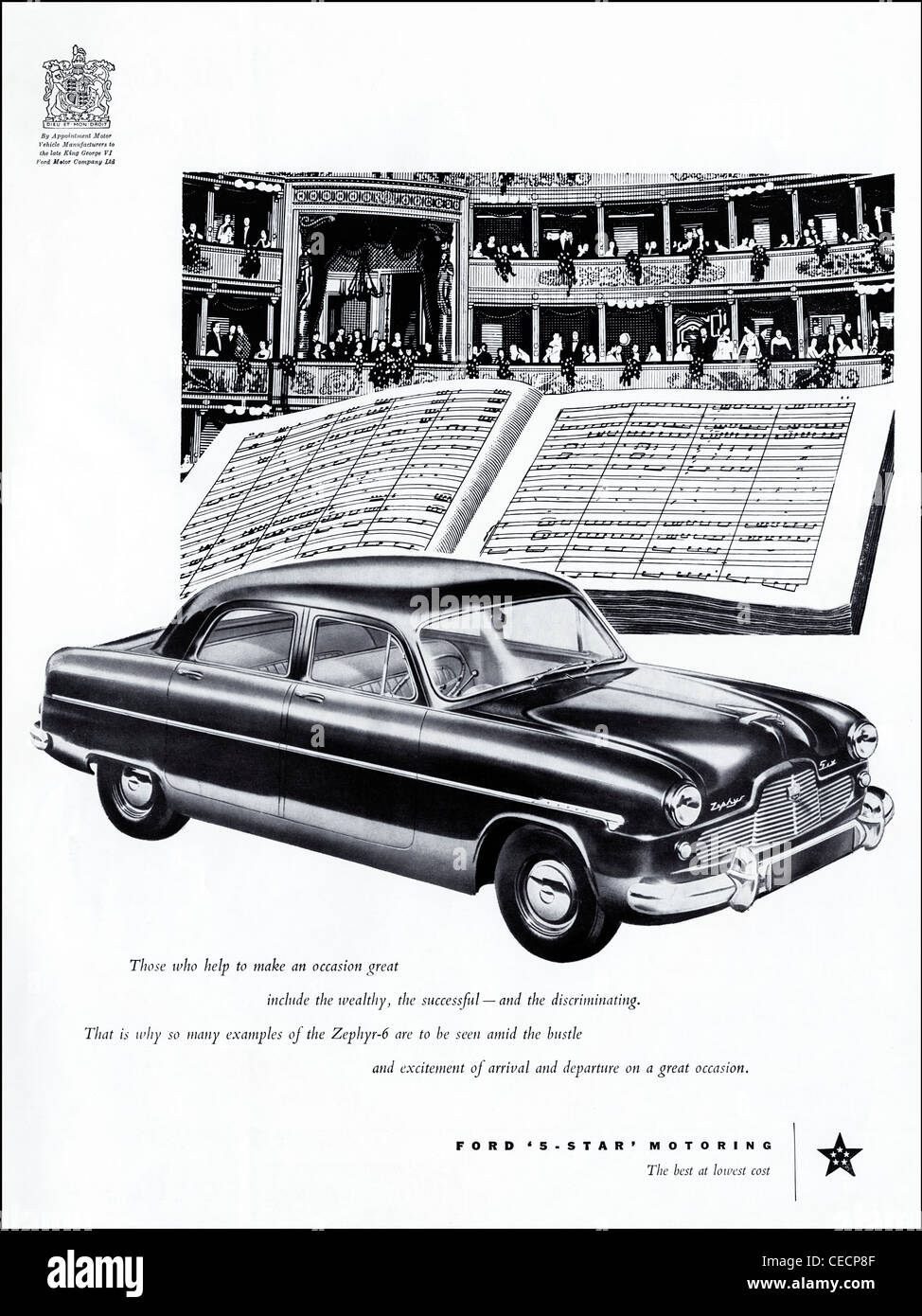 Ursprüngliche Anzeige aus der 1950er Jahre News Magazin Werbung FORD ZEPHYR 6 Motorwagen nach Vereinbarung zum späten König George VI Stockfoto