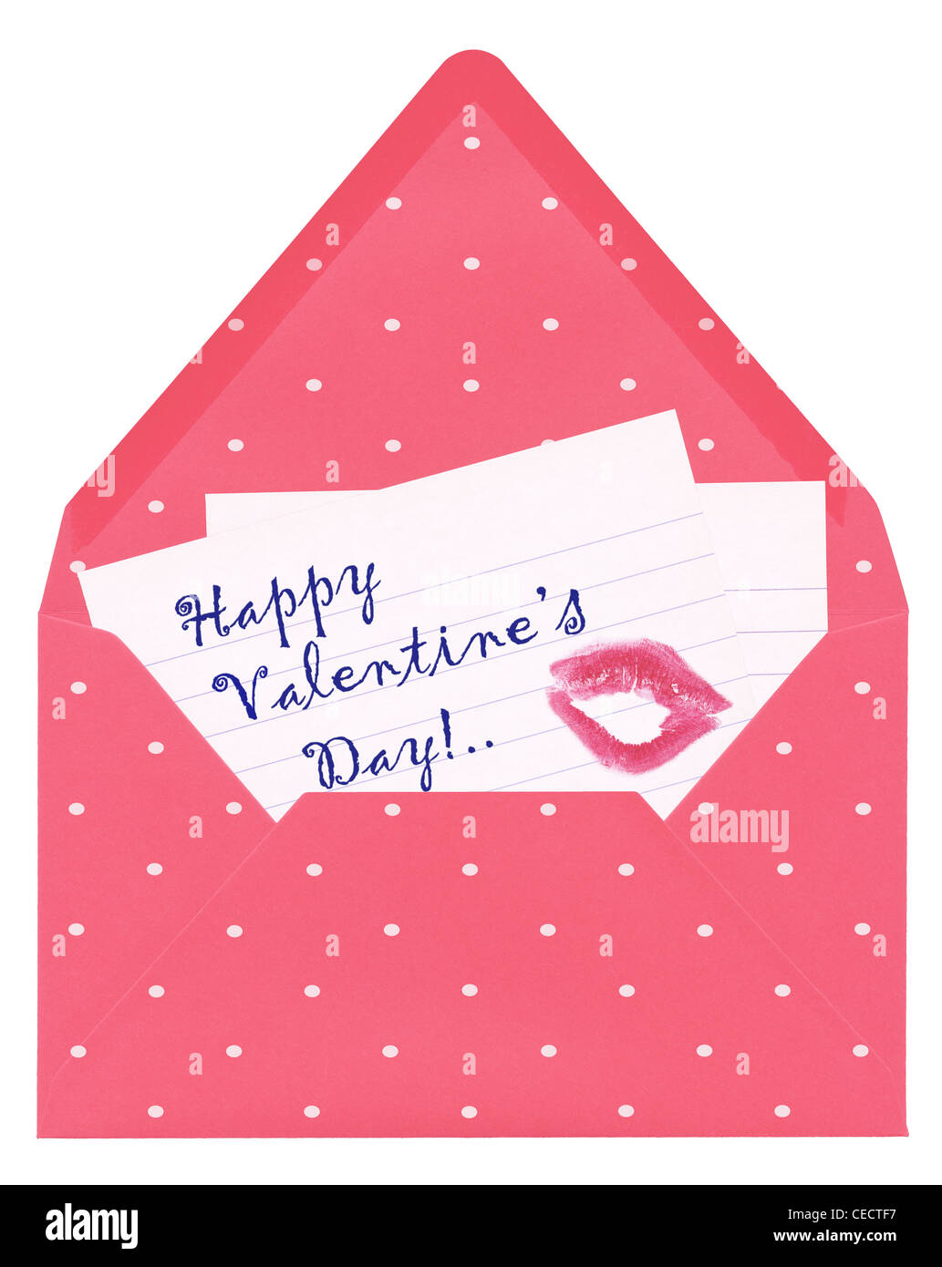 Liebesbrief "Happy Valentine's Day" mit Lippenstift Kuss Form in Vintage rosa gefleckte Umschlag Stockfoto