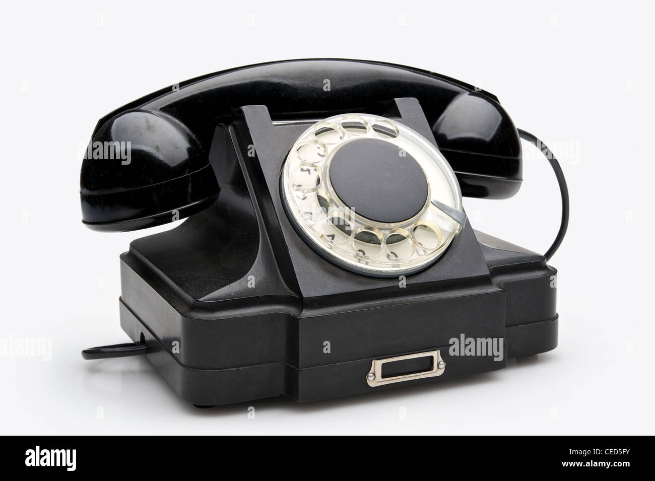 Alte schwarze Vintage rotary-Stil Telefon über einen weißen Hintergrund isoliert Stockfoto