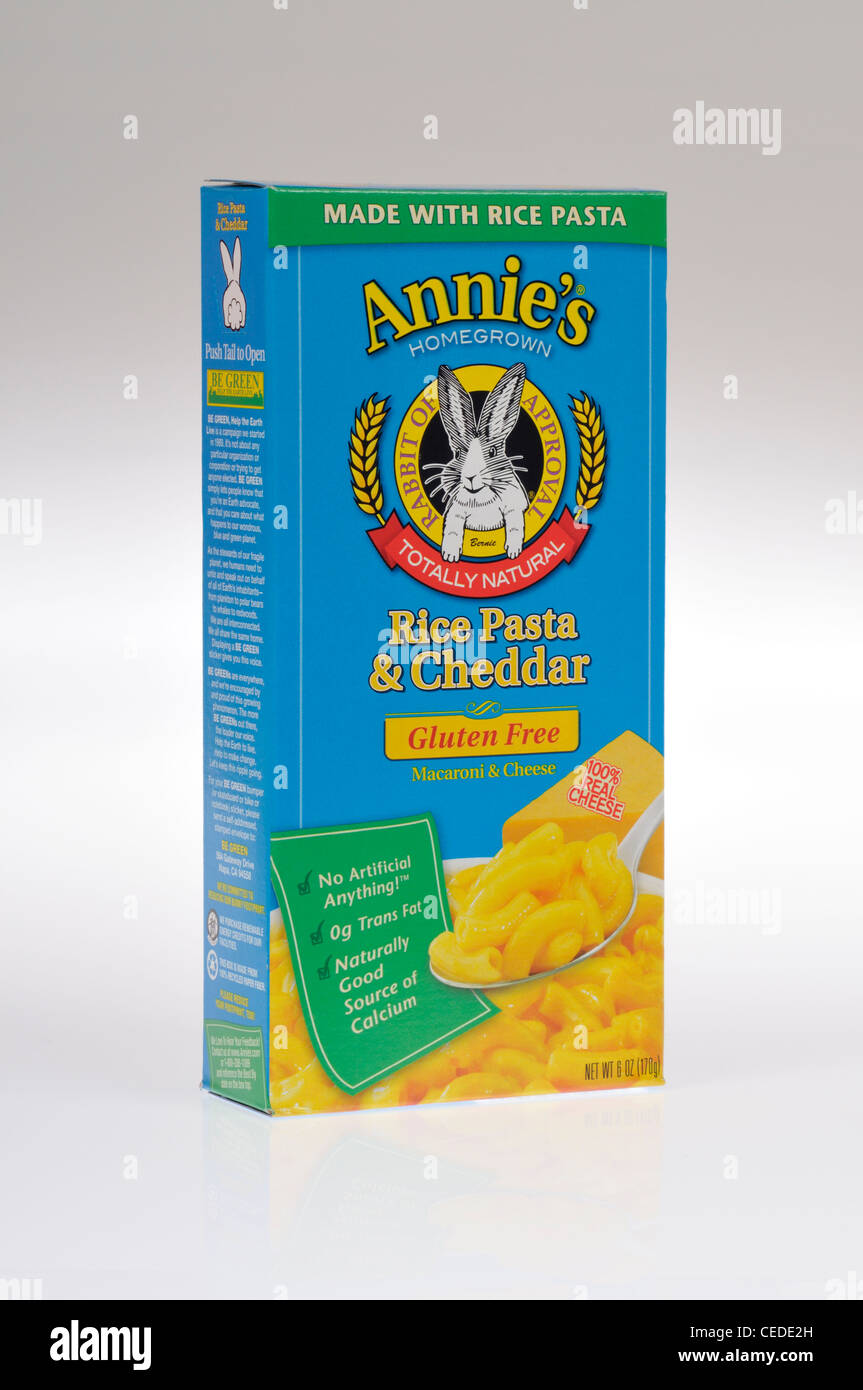 Box von Annie's Homegrown natürliche glutenfreie Teigwaren und Cheddar Käse Reis Nudeln auf weißem Hintergrund, Ausschnitt. USA. Stockfoto