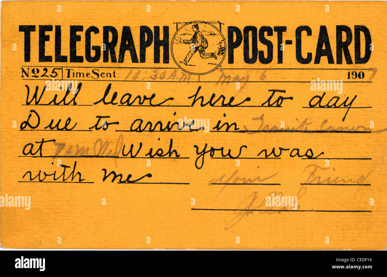 Ein Foto des echten Telegraph Postkarten, Nr. 25, mit handgeschriebenen Nachricht vom Absender zum Empfänger. Gesendet 10:30, 6. Mai 1907. Stockfoto