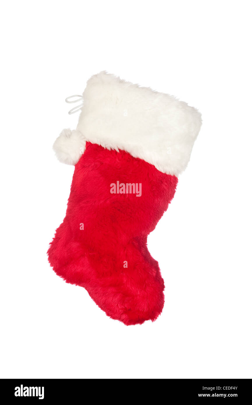 Ein roter Weihnachts-Strumpf mit flauschigen Kugeln isoliert auf weiss Stockfoto