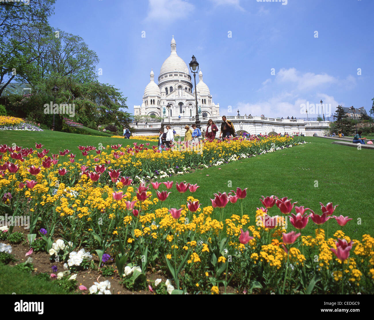 Basilika Sacré-Cœur im Frühjahr, Montmartre, Paris, Île-de-France, Frankreich Stockfoto