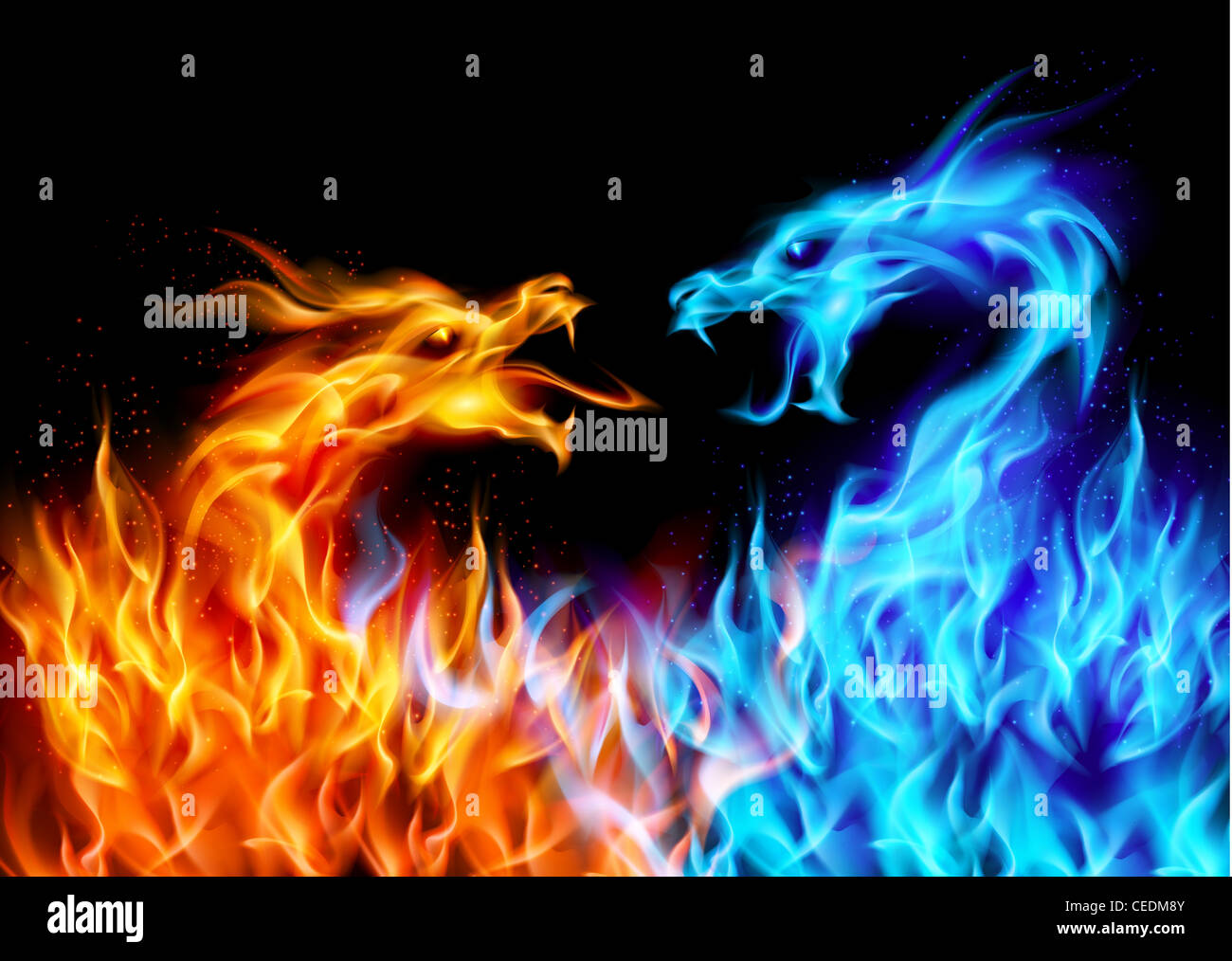 Abstrakte blaue und rote feurige Drachen. Darstellung auf schwarzem Hintergrund für design Stockfoto