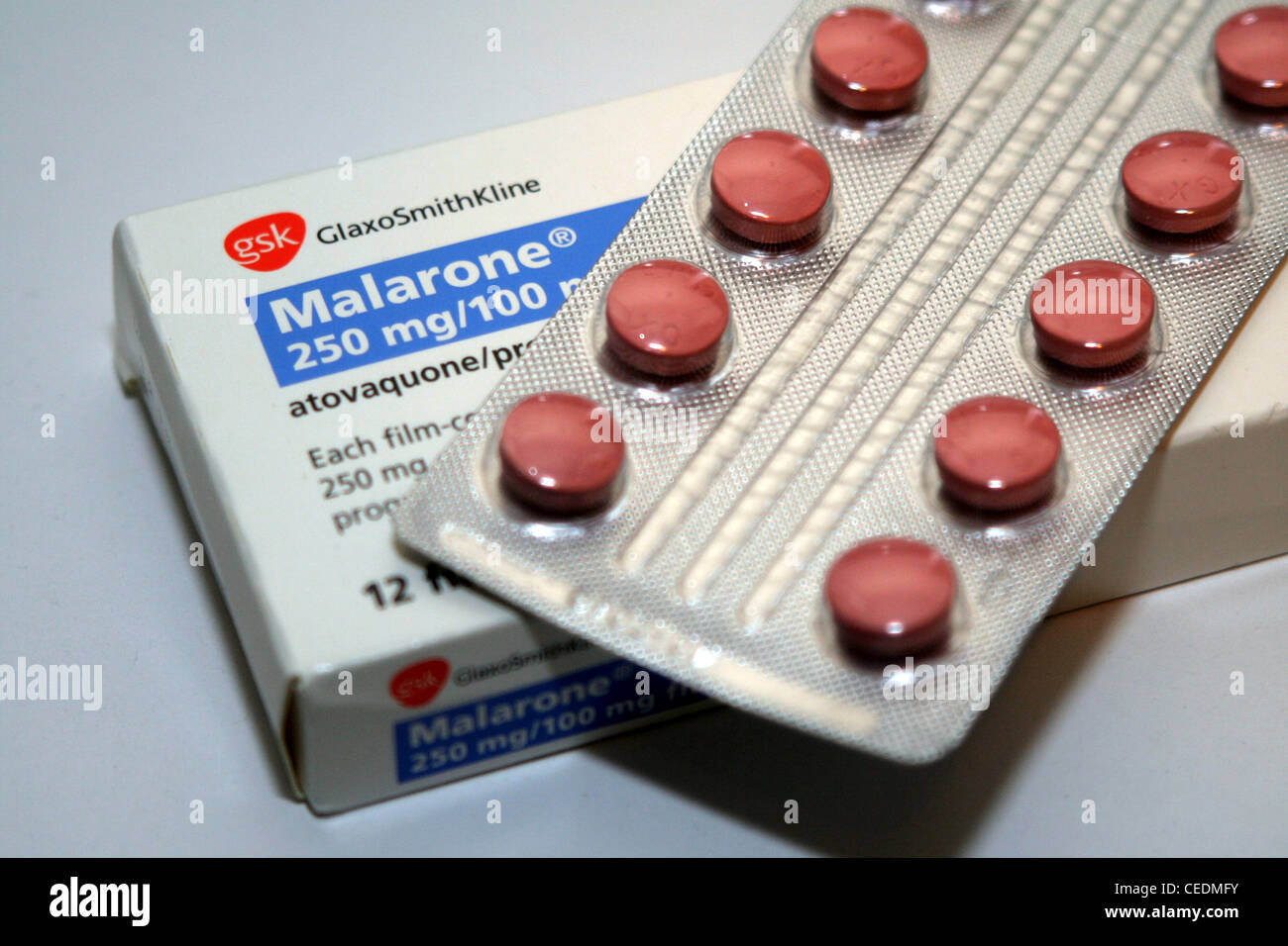 Malarone Malaria-Tabletten Stockfoto