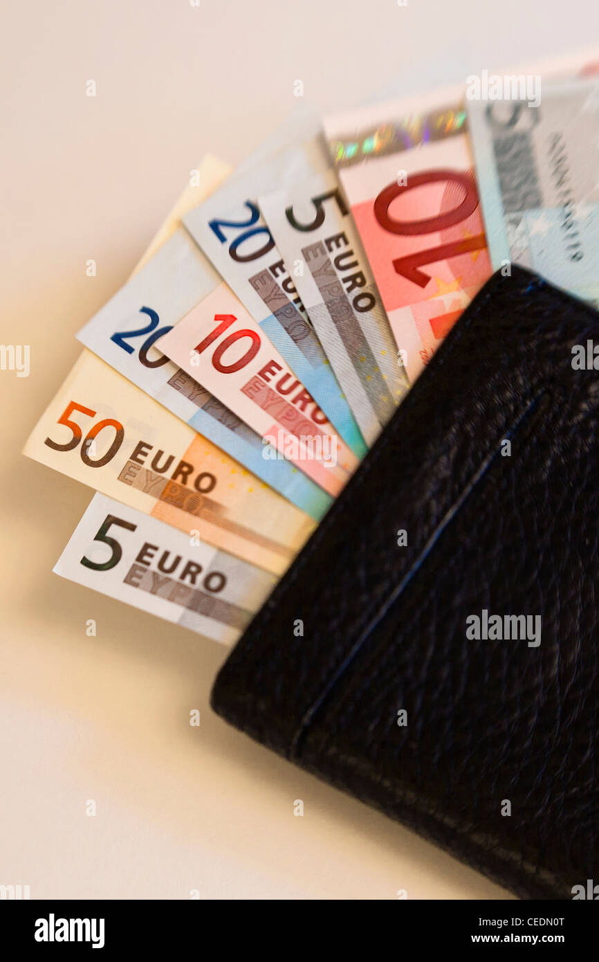 Fan von unterschiedlicher Größe Euro fest Währung in Brieftasche Stockfoto