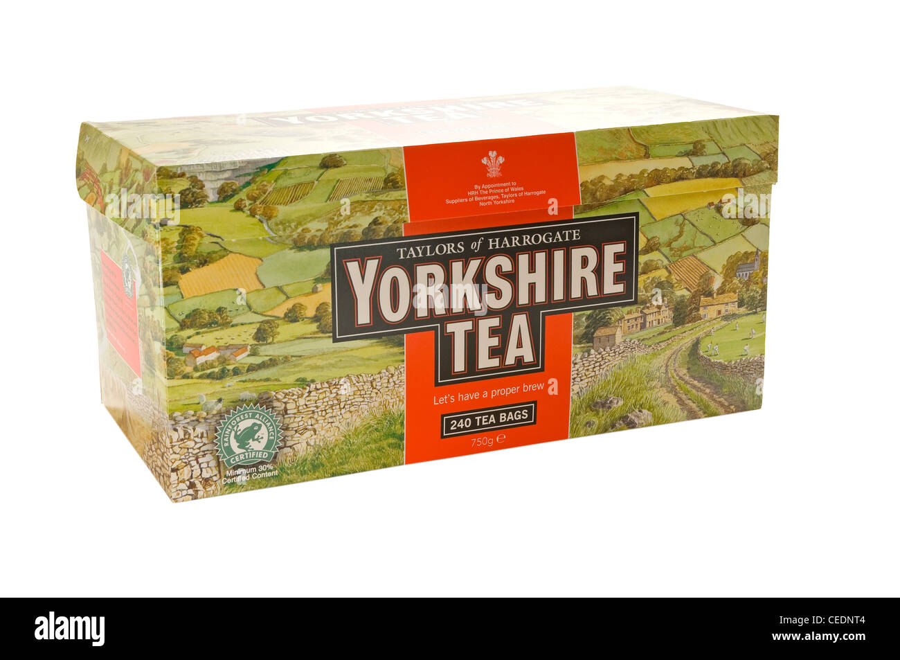 Nahaufnahme der Schachtel mit ausgeschnittenen Taylors of Harrogate Yorkshire Teebeuteln Stockfoto