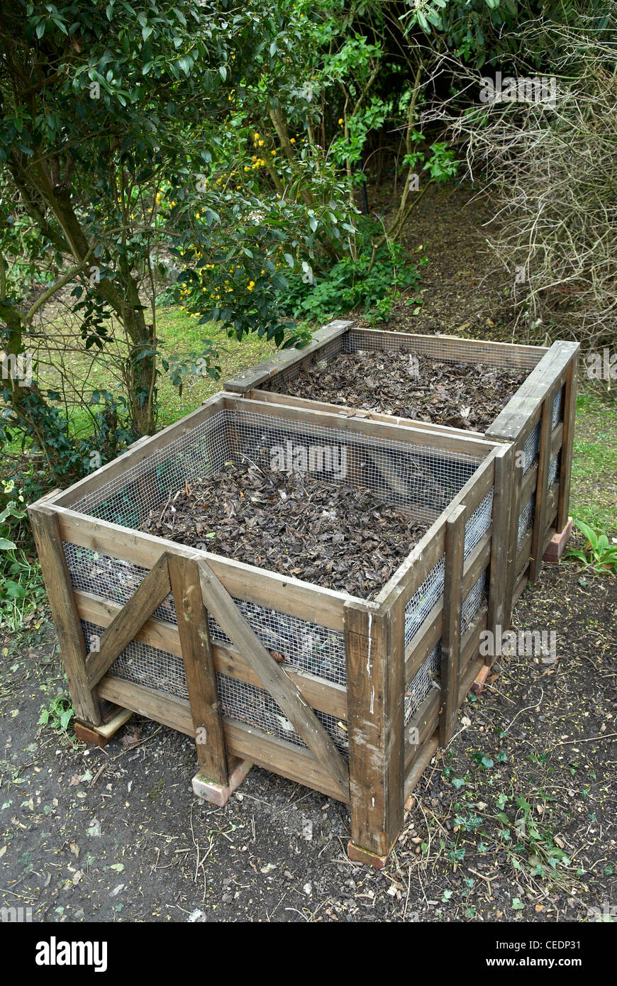 Zwei Kompostbehälter hergestellt aus unbehandeltem Holz und Maschendraht Stockfoto