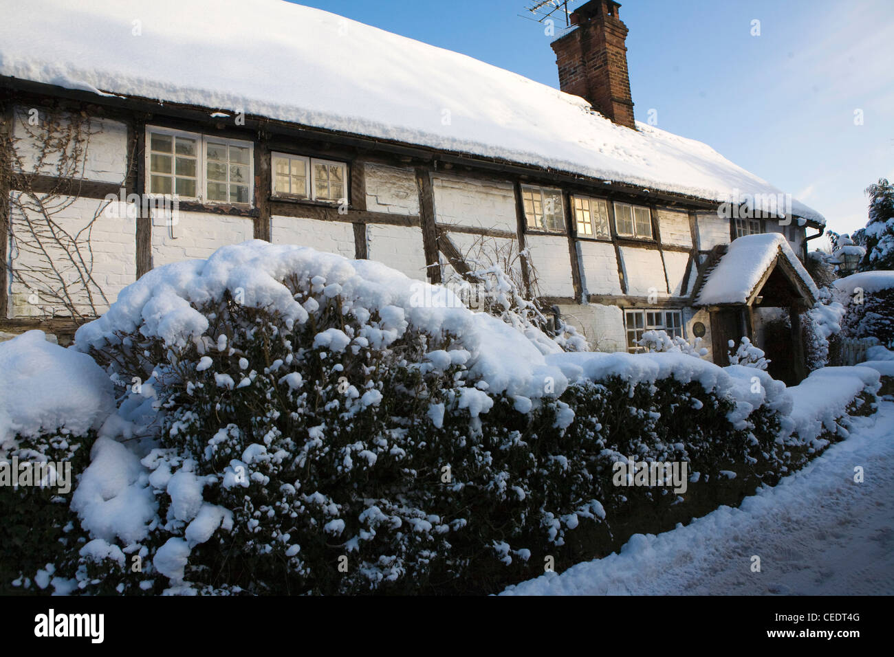 Verschneite Hütte in Holmbury Hügel östlich Guildford, Surrey. UK Stockfoto