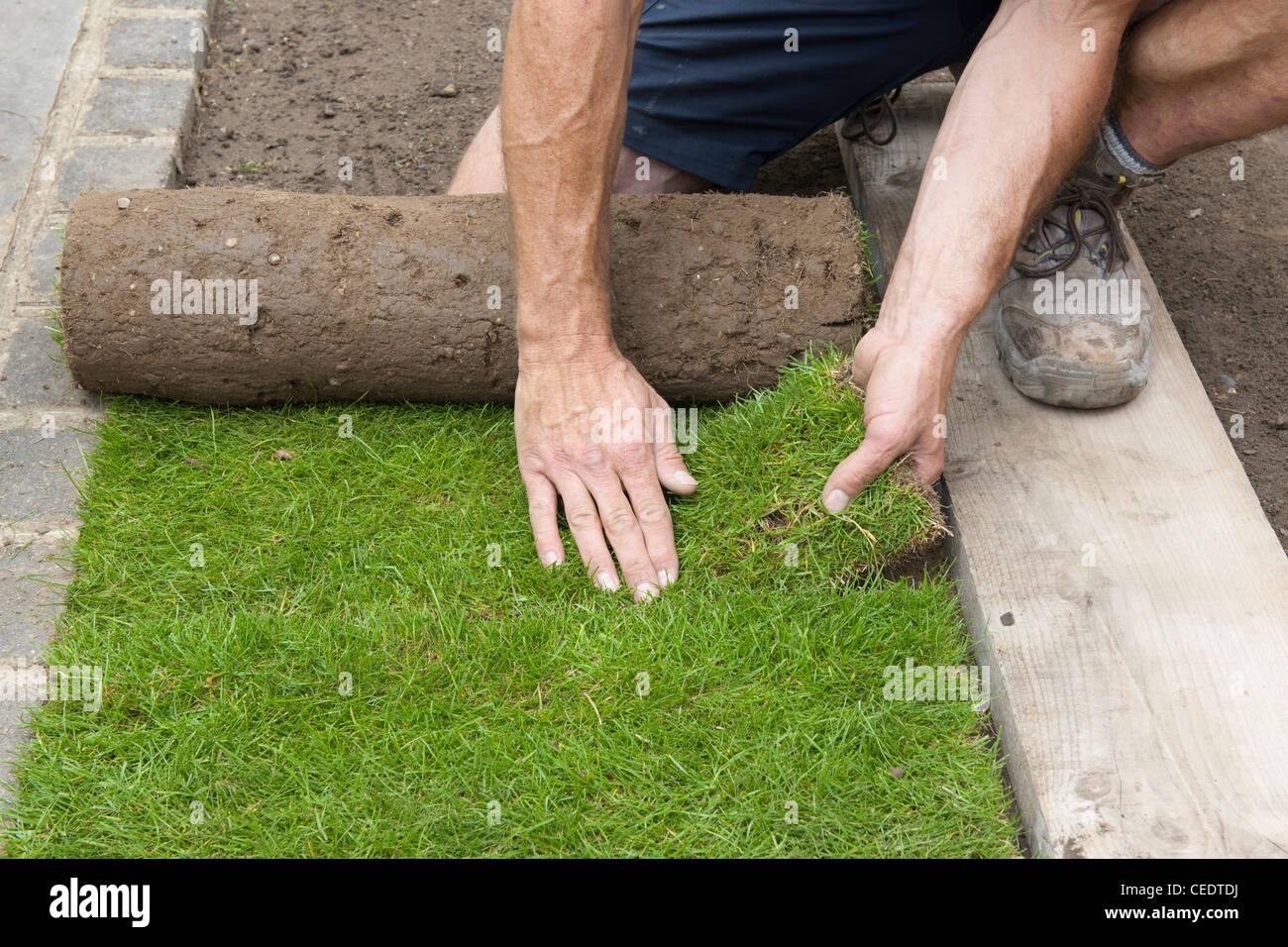 Verlegung von Kunstrasen Stockfoto