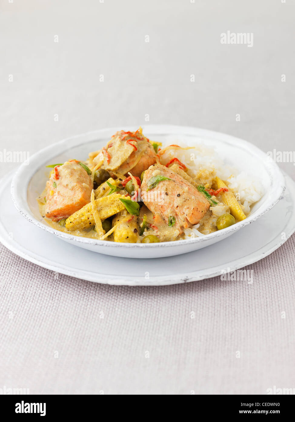 Lachs und Gemüse-curry Stockfoto