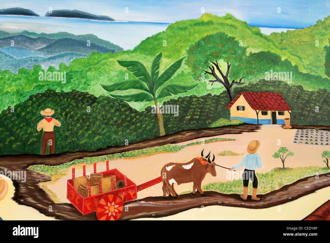 Gemalte Wandbild zeigt ländliche Costa Rica Szene mit Ochsenkarren Stockfoto