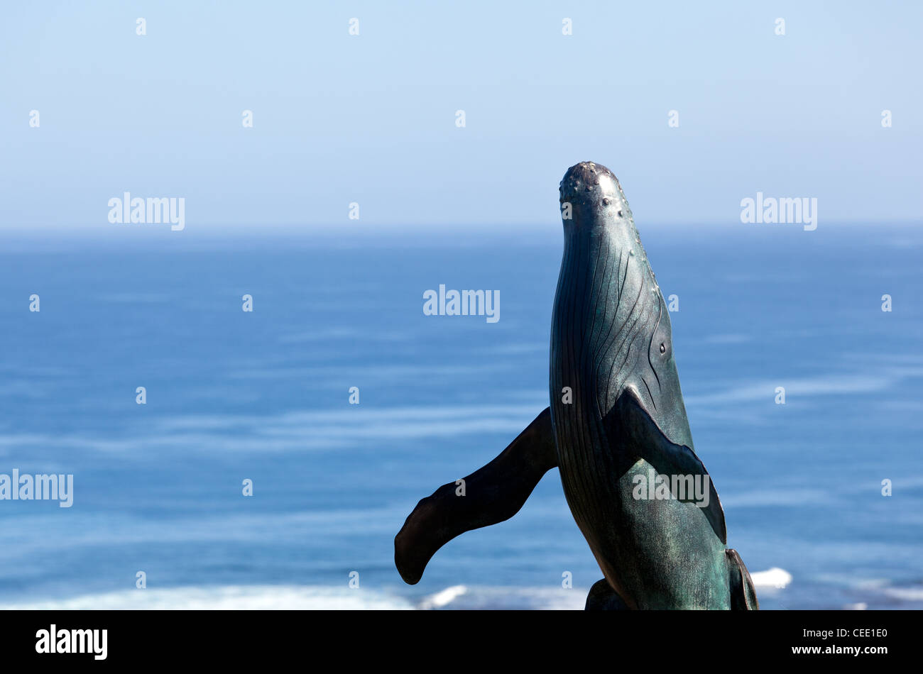 Bronzestatue der Wal Verletzung vom Meer mit Meer im Hintergrund Stockfoto