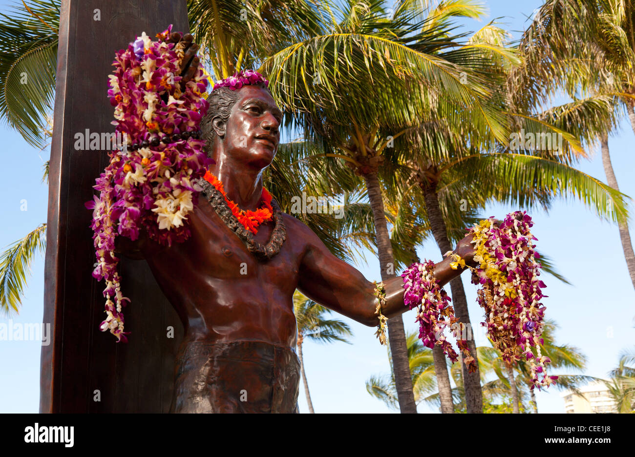 Statue des berühmten Surfer Duke Kahanamoku am Waikiki Beach in Hawaii Stockfoto