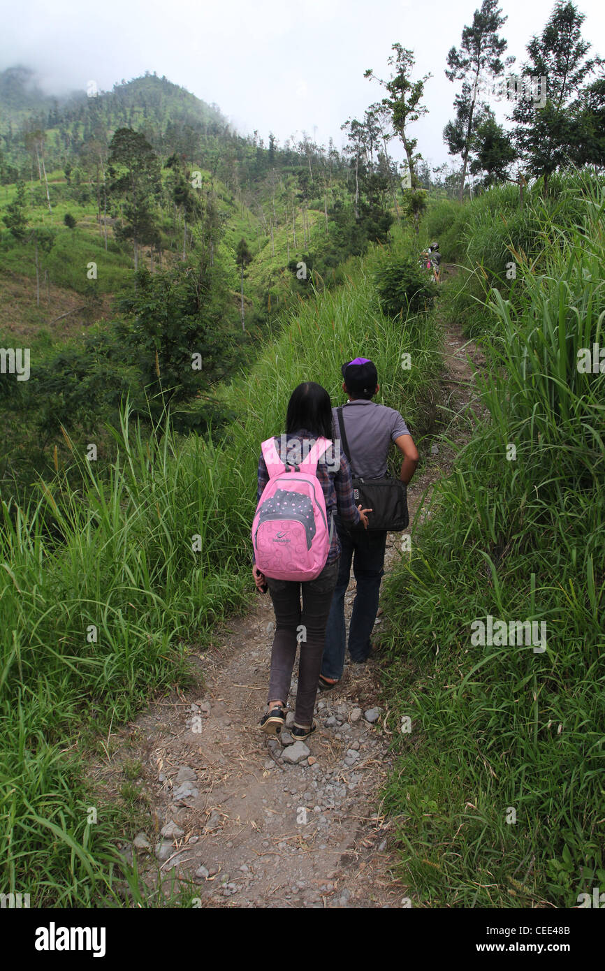 Teenager Wanderer terrassierten Feldern auf Mount Merapi Yogyakarta Indonesien Stockfoto