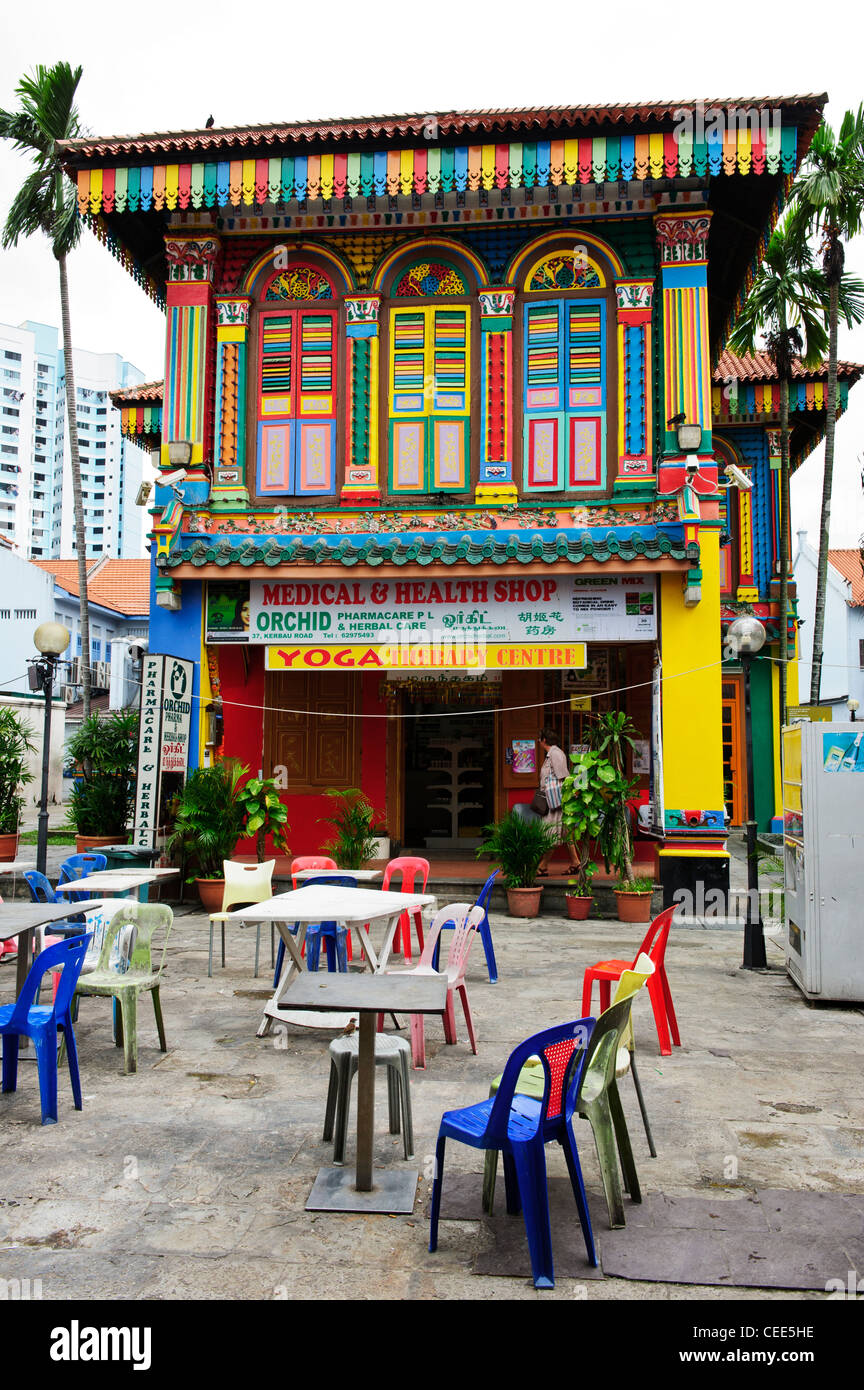 Bunte Tan Teng Niah denkmalgeschützten Gebäude in Little India, Singapur. Stockfoto