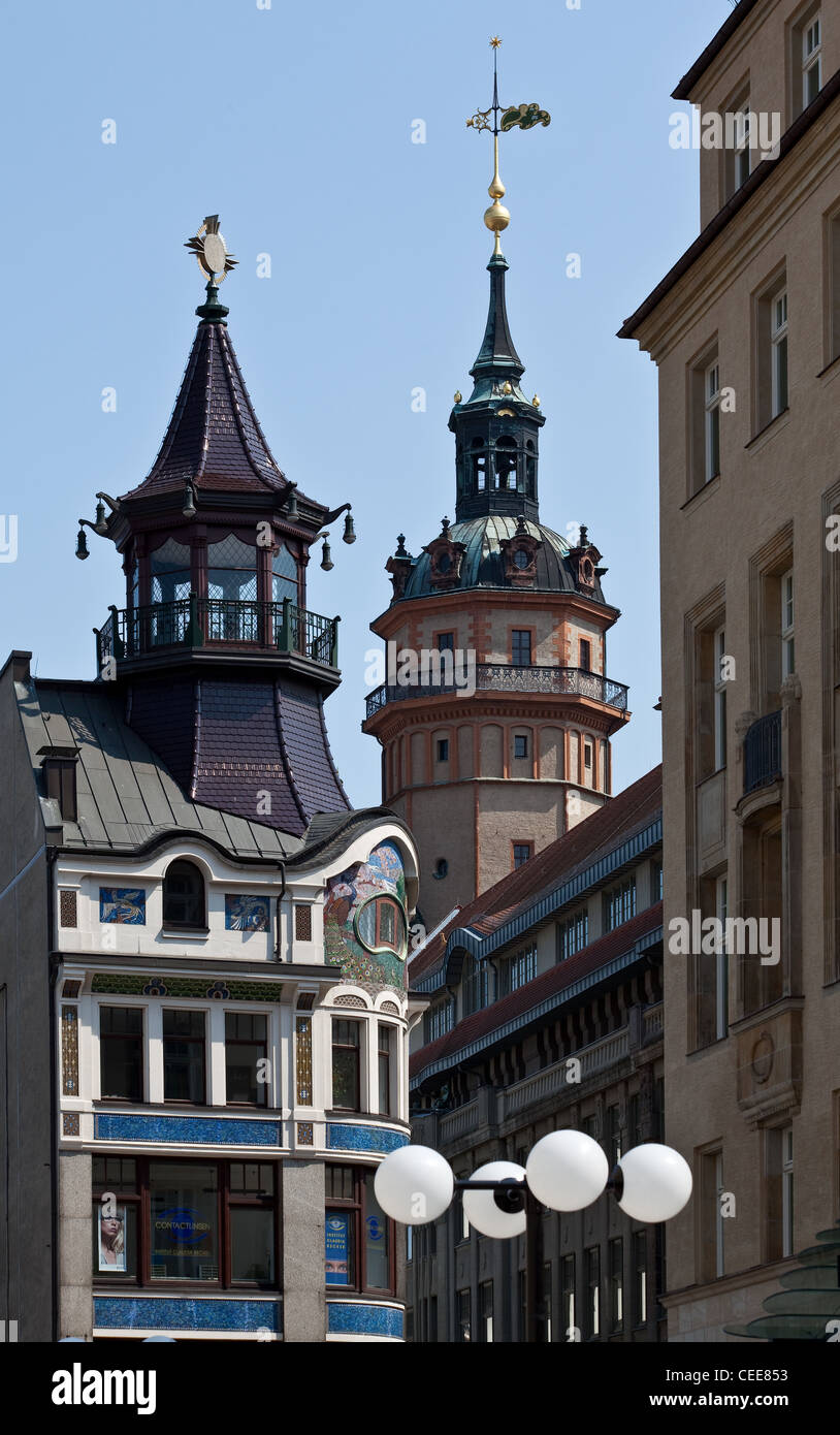 Leipzig, Riquethaus Und Nikolaikirchturm Stockfoto