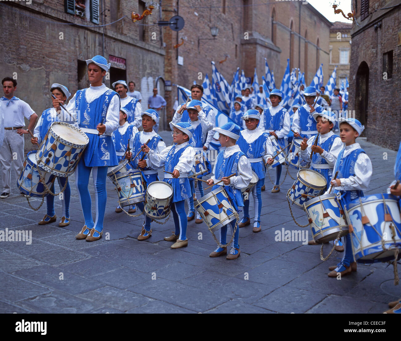 Blaskapelle beim Festival der Palio di Siena, Siena, Provinz Siena, Toskana Region, Italien Stockfoto