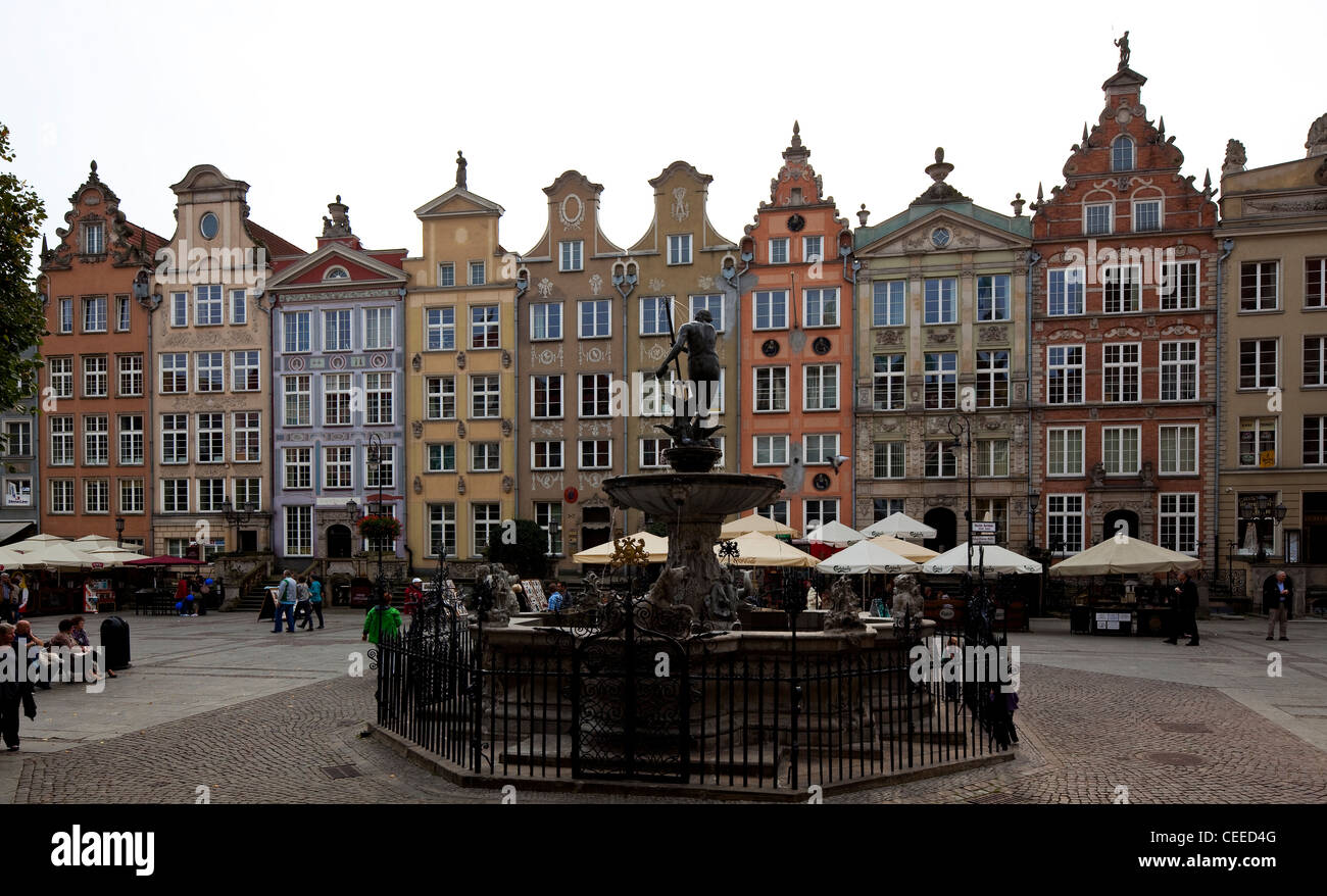 Gdansk/Danzig, Langer Markt, Häuser der Südseite, Westlicher article, Rechts Sogenannte Königliche Häuser, Liegus Neptunbrunnen Stockfoto