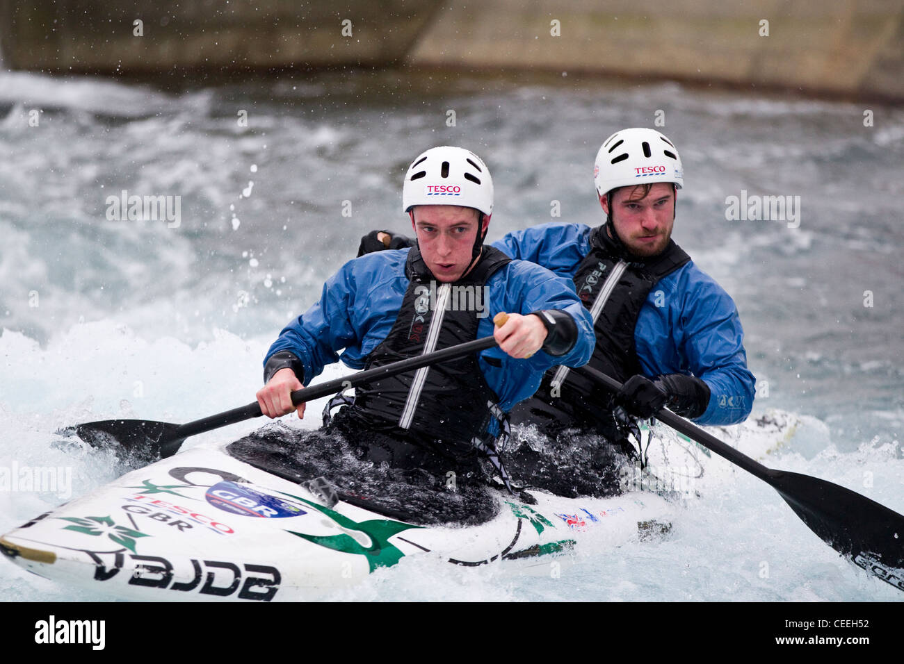 Lee Valley White Water Centre die 2012 Olympischen Kanu-Slalom, Waltham Cross, Hertfordshire, England, UK beherbergen wird. Stockfoto