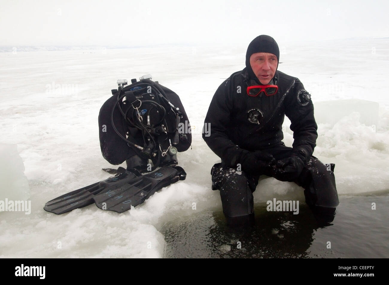 Subglazialen Tauchen im Schwarzen Meer, Odessa, Ukraine, Osteuropa Stockfoto