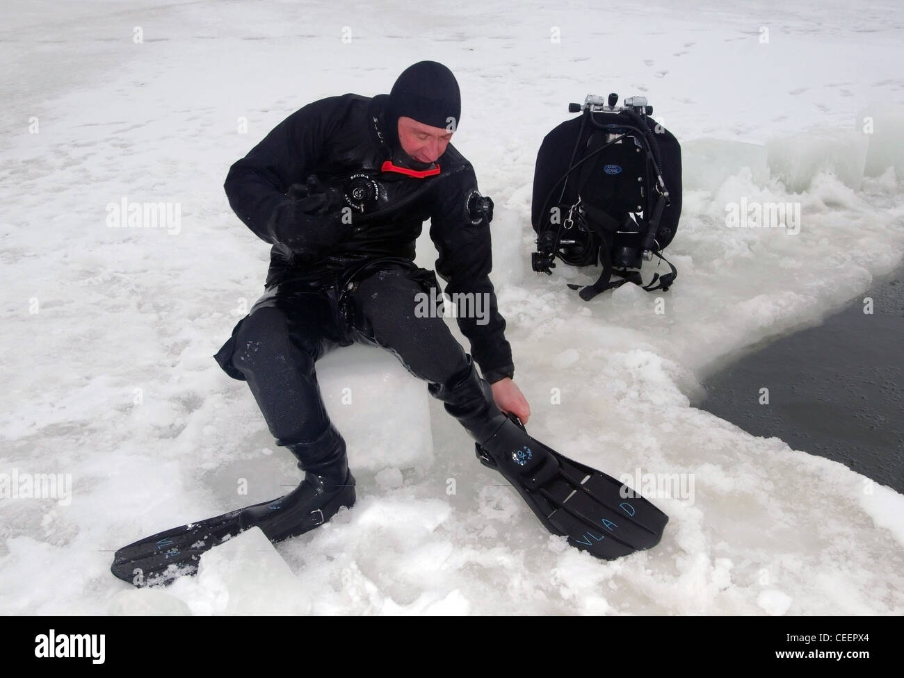Subglazialen Tauchen im Schwarzen Meer, Odessa, Ukraine, Osteuropa Stockfoto