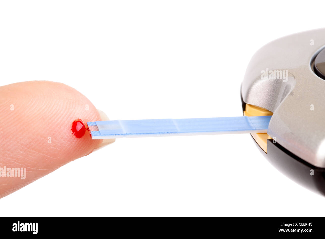 Makro eines Fingers mit einem Tropfen Blut macht einen Blut-test Stockfoto