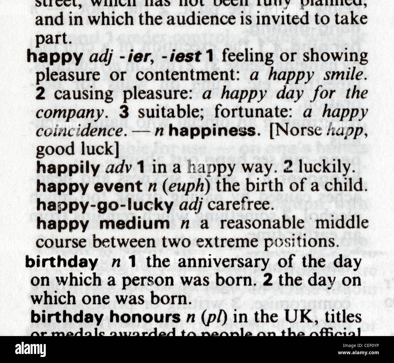 Wörterbuch-Definitionen von glücklich und Geburtstag zusammen geklebt, als ob Sie neben einander im Wörterbuch angezeigt. Stockfoto