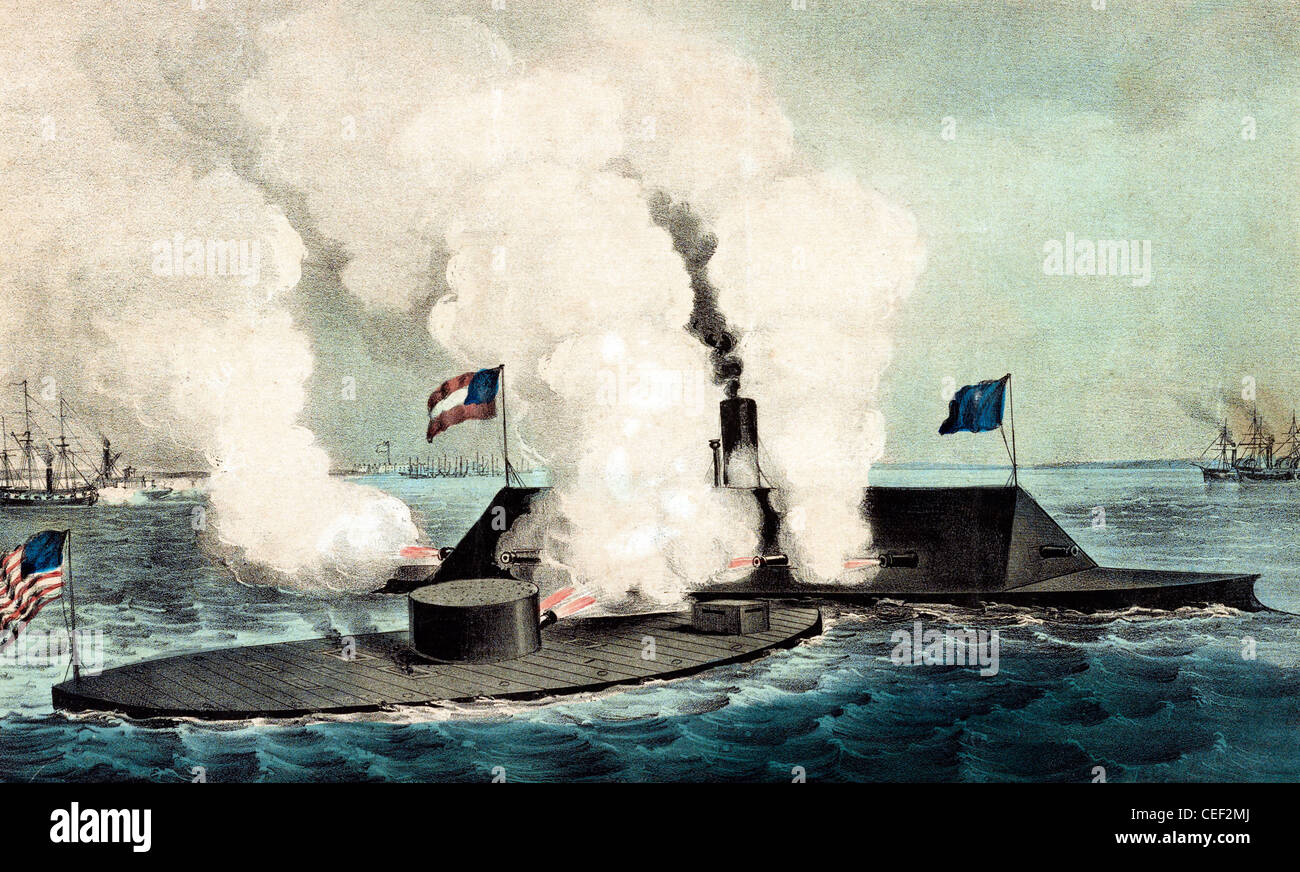Die Schlacht von Hampton Roads, Battle of the Monitor und Merrimack, Schlacht der Panzerschiffe während des amerikanischen Bürgerkrieges Stockfoto