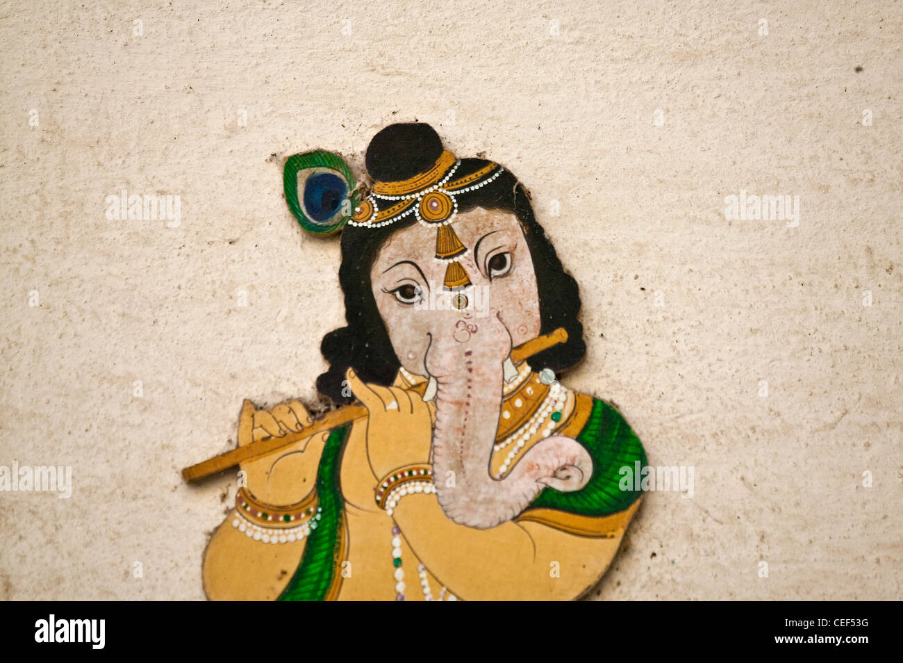Wandbild Darstellung Ganesha, ein Hindu-Gottheit im Stadtschloss, Udaipur, Rajasthan, Indien Stockfoto