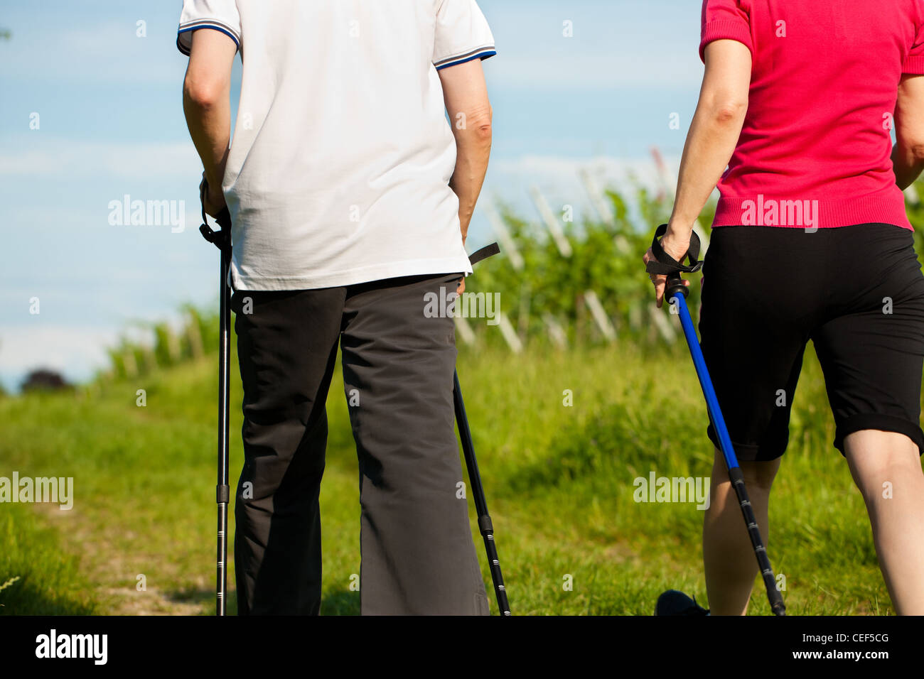 Nordic Walking - Brautpaar Reife oder senior - nur Beine - Sport im Sommer im freien Stockfoto