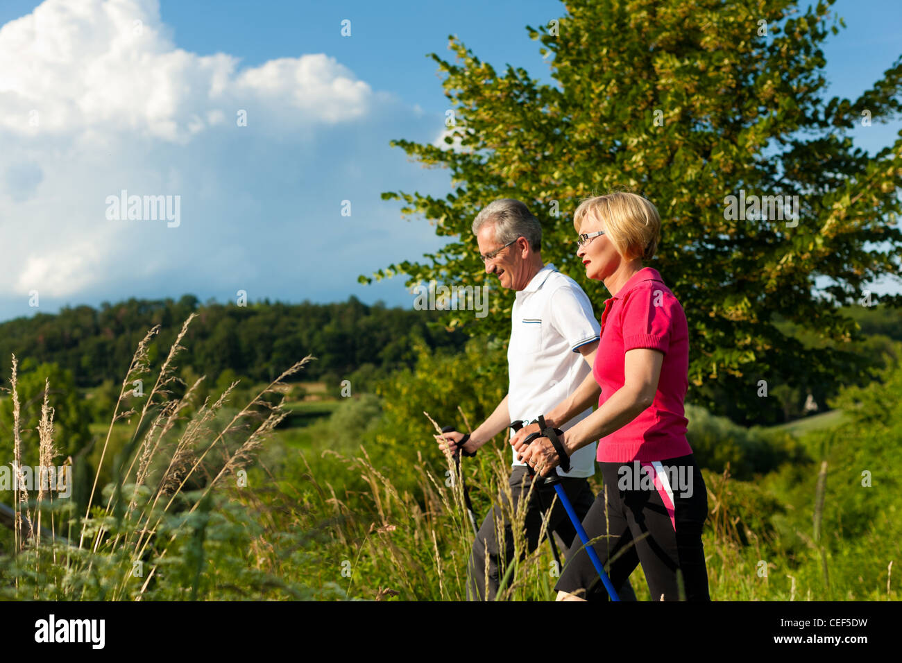 Nordic Walking - Reifen oder senior Brautpaar beim Sport im Sommer im freien Stockfoto