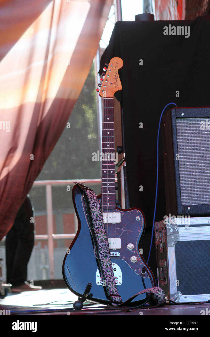 Hund ist tot auf dem Pracht-Festival im Wollaton Park in Nottingham. Fender Jazzmaster Gitarre Stockfoto