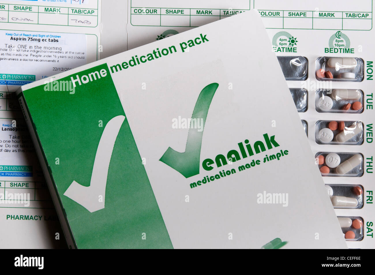 Venalink Blisterverpackung zu helfen, Patienten, die Pillen zu nehmen, zum richtigen Zeitpunkt - oft verwendet, um Medikamente in Pflegeheimen zu verzichten. Stockfoto