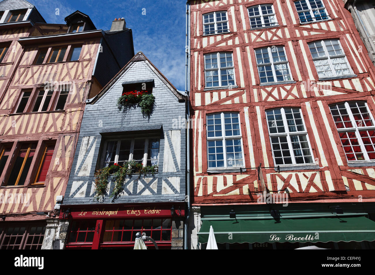 Mittelalterliche Fachwerkbauten in Rue Martainville, Rouen, Normandie, Frankreich Stockfoto