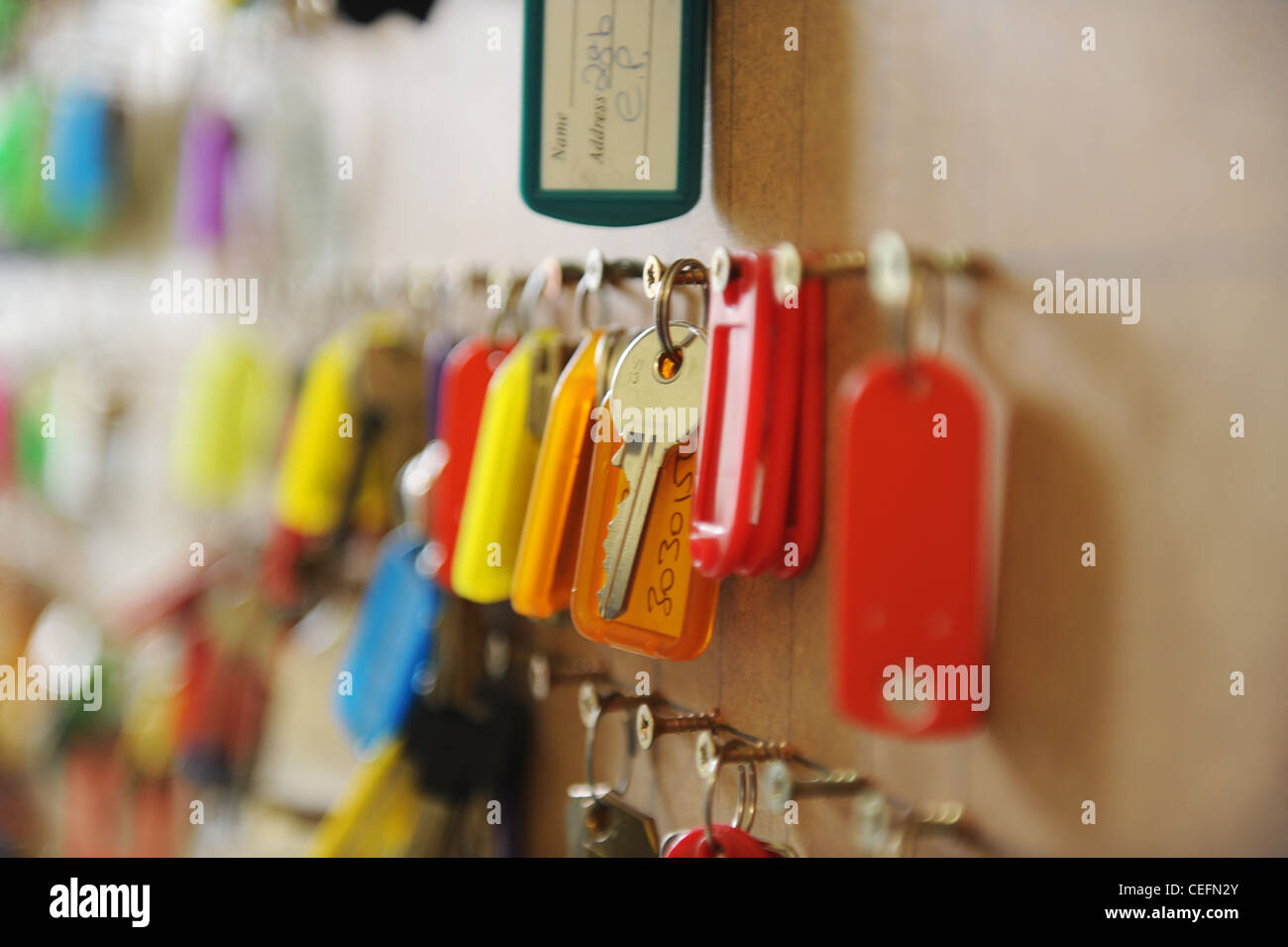 Schlüssel zum Wohnungsbaugesellschaft Häuser hängen auf einer Tastatur Stockfoto