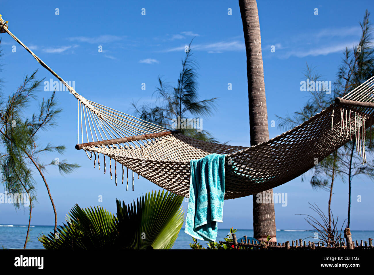 Hängematte im 'Palm Beach Inn' Wellen brechen über Korallenriff in Ferne, Bwejuu Village Sansibar, Tansania Stockfoto