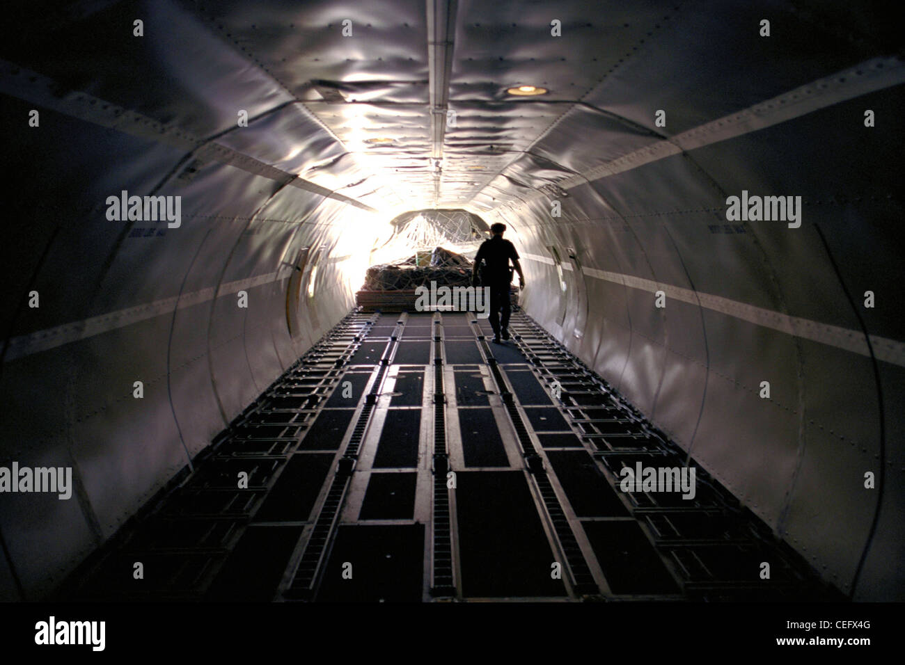Ein CBP-Officer untersucht das letzte Quentchen Ladung aus einem Flugzeug aus geladen werden. Stockfoto
