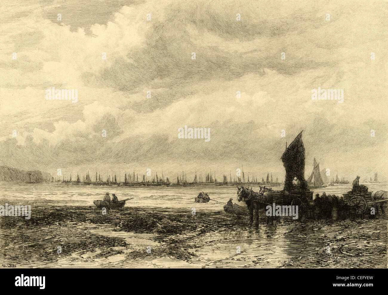 Ca. 1880 s Gravur, Angelboote/Fischerboote aus Whitby, gezeichnet und geätzt von David Law. Stockfoto