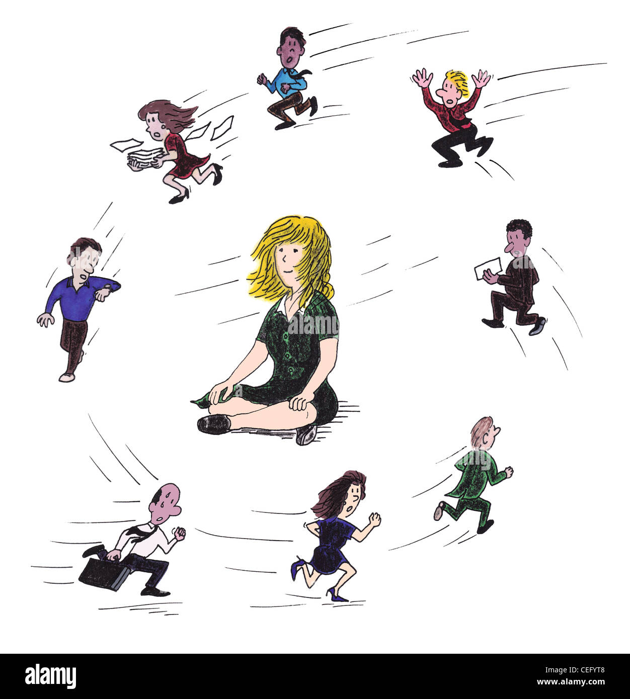 Ein Center Frau meditieren im Chaos. Eine Frau sitzt meditierend in der Mitte acht kleinere Männer und Frauen um sie herum in einem Zähler laufen im Uhrzeigersinn Stockfoto