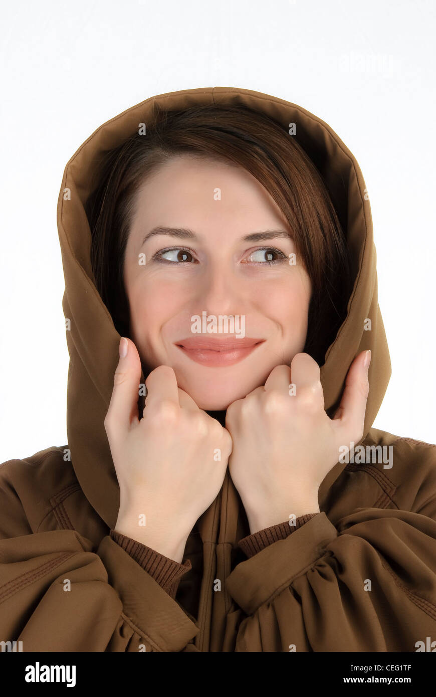 Junge Frau mit der Hand hohl Stockfoto