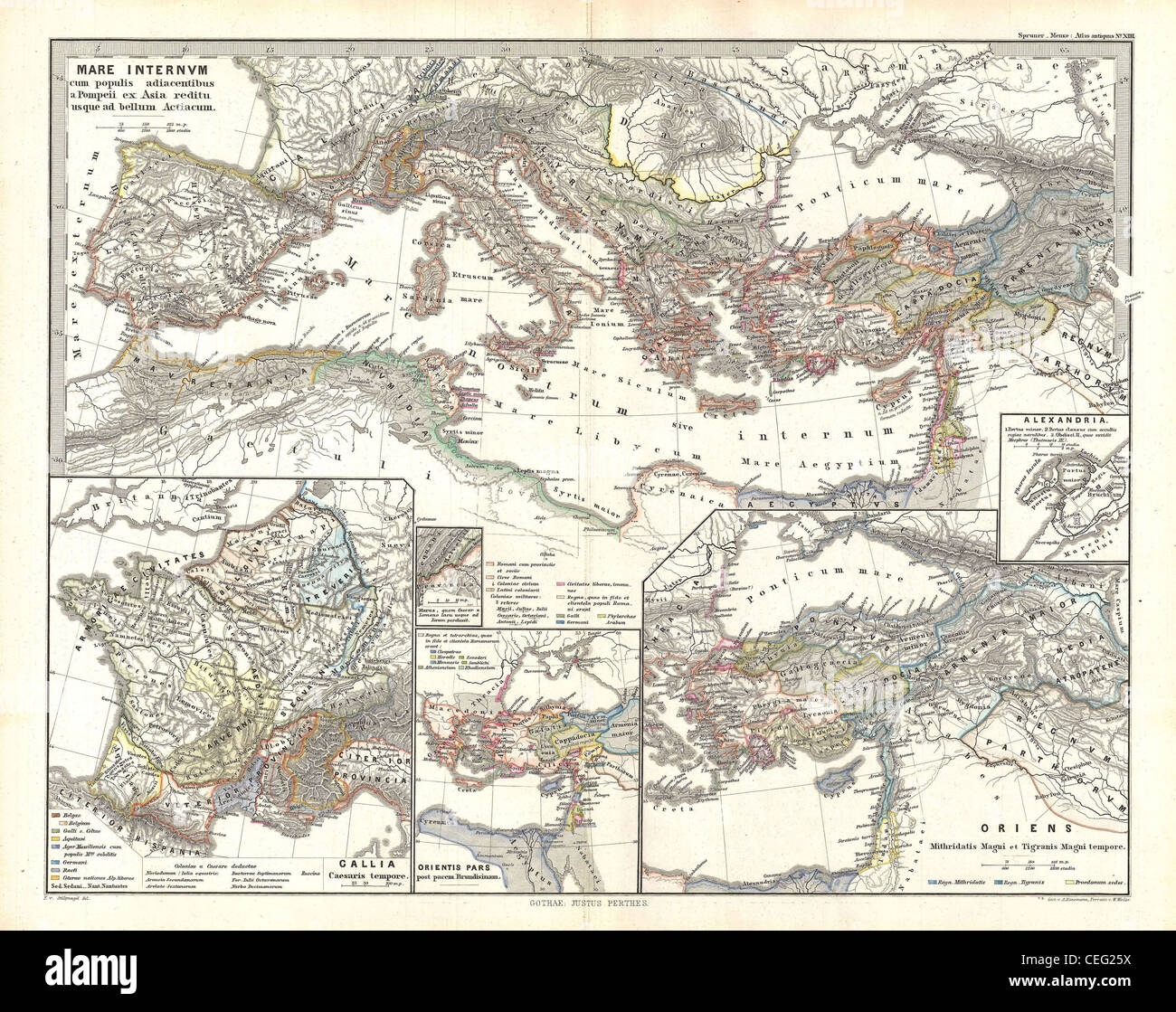 1865 Spruner Karte des Mittelmeers von Pompeius, der Schlacht von Actium Stockfoto