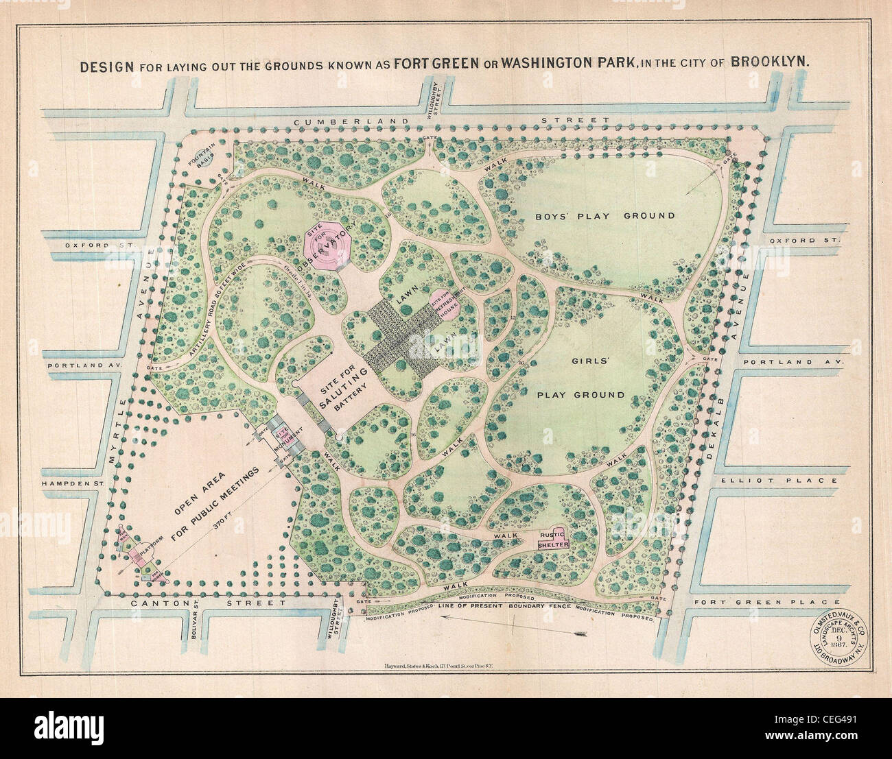 1868 Vaux und Olmstead Karte von Fort Greene Park, Brooklyn, New York Stockfoto