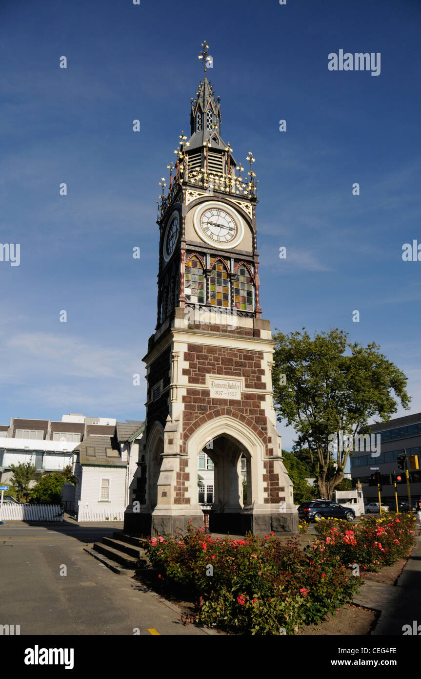 Victoria Street Uhr & eisernen Turm gekennzeichnet Königin Victorias Diamant-Jubiläum (1837-1897) in Christchurch, Neuseeland. Stockfoto