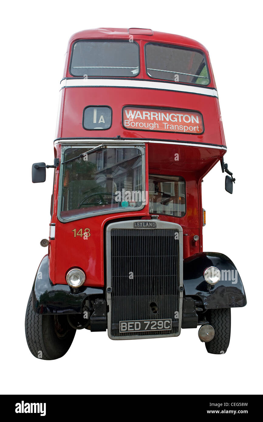 Schneiden Sie das Bild von einem 1965 Leyland "Titan PD2/40 besondere" doppelte rote Doppeldecker-Bus, im Besitz von Warrington Borough Transport Stockfoto