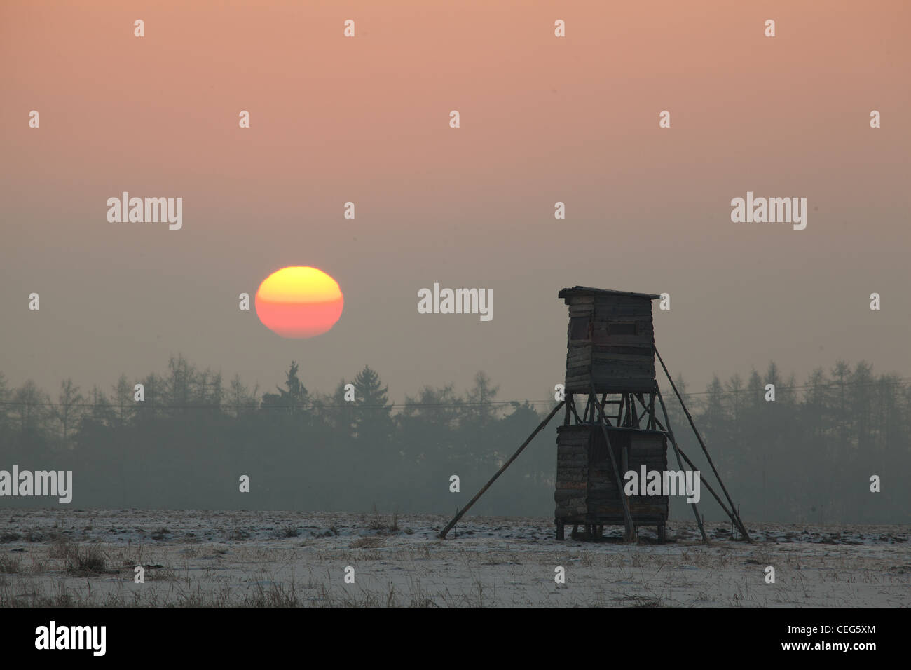 Jäger-Turm bei Sonnenuntergang im winter Stockfoto