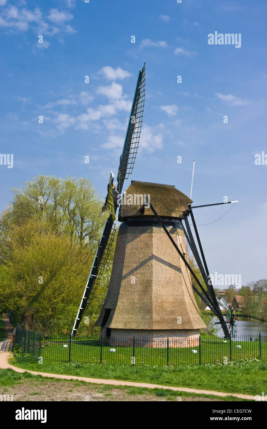 Holländische Mühle in Stadt mit Wohnhäusern im Hintergrund am April Nachmittag Stockfoto
