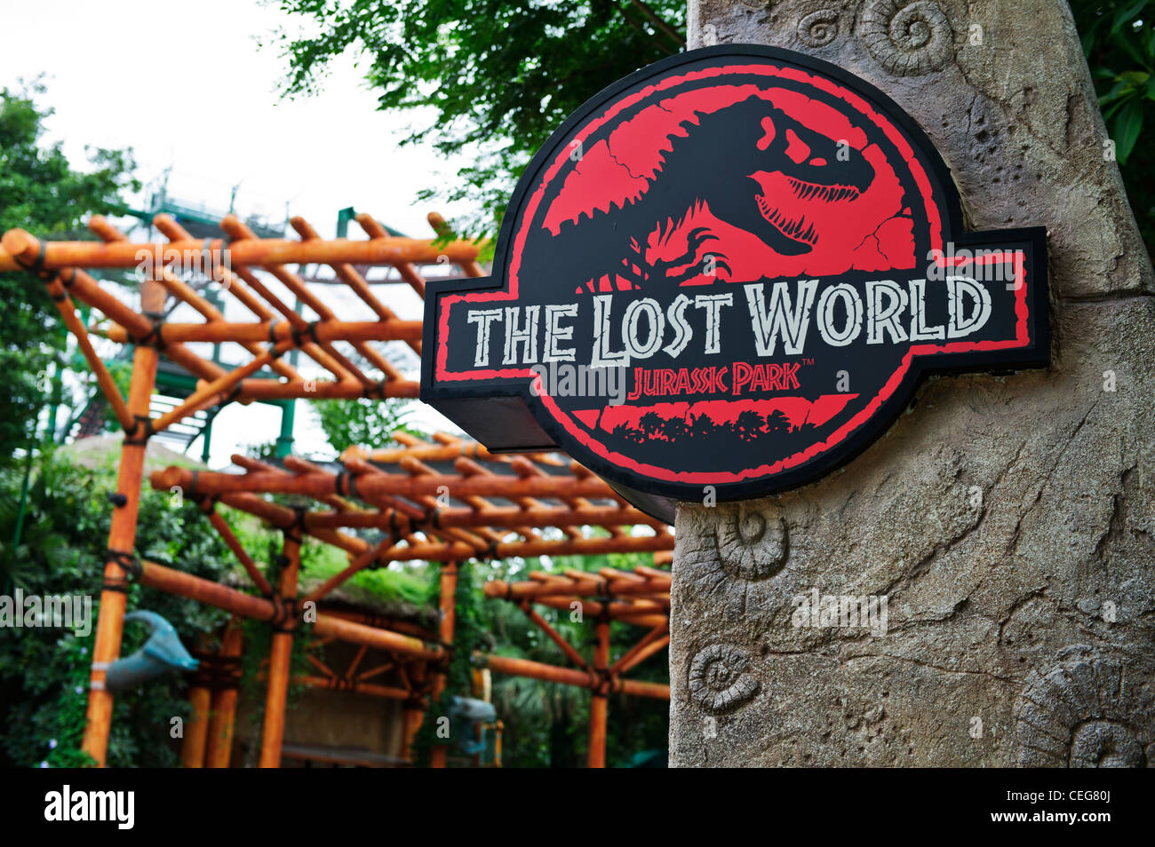 Die verlorene Welt Zeichen, Jurassic Park, Universal Studios Singapur. Stockfoto