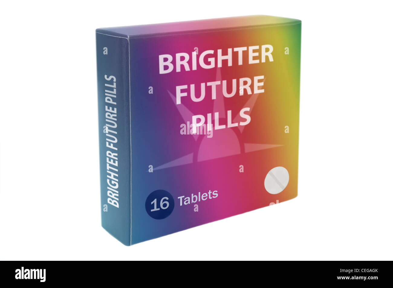 Enge und niedrige Ebene Winkel erfassen eine bunten Medikamente Pack mit den Worten "Hellere Zukunft Pillen" über weiß angeordnet. Stockfoto